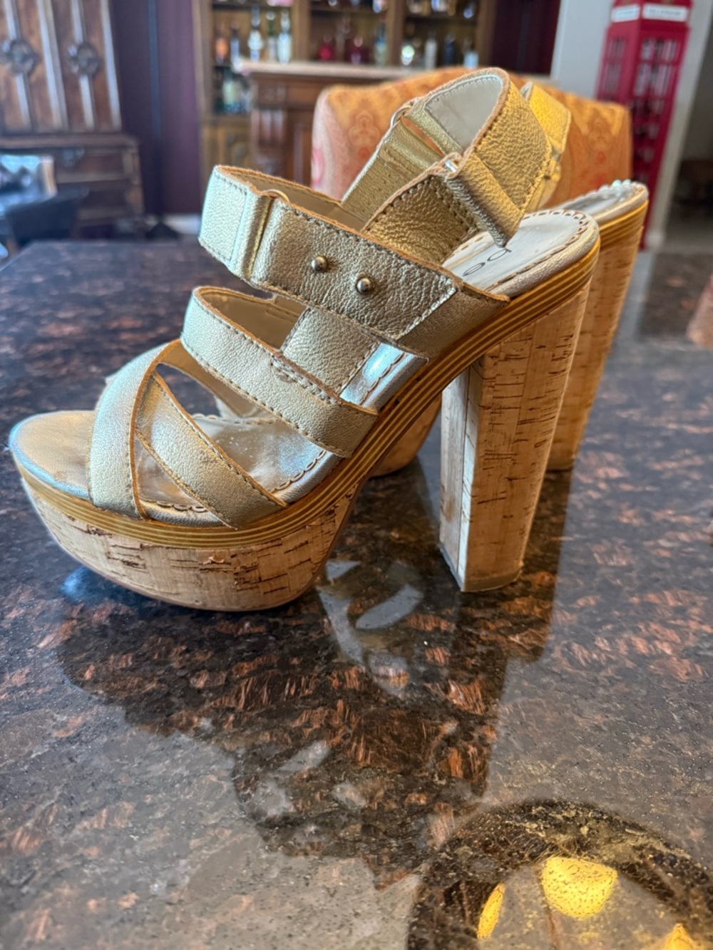 bebe Gold Strappy Platform Cork Block Heel Sandals